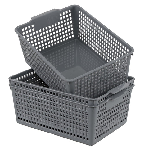Afromy Set of 3 Plastic Storage Baskets, Rectangular Weave Storage Basket Bin, Grey