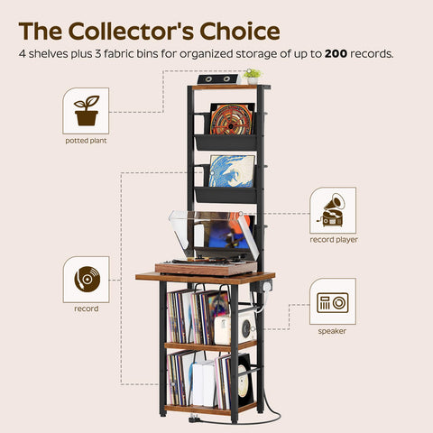 YATINEY 3-Shelf Record Player Stand with Charging Station and 3 Fabric Bins
