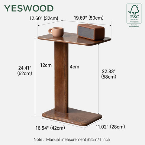 Solid Wood C Table, Oak Side Table with Walnut Finish Living Room End Table