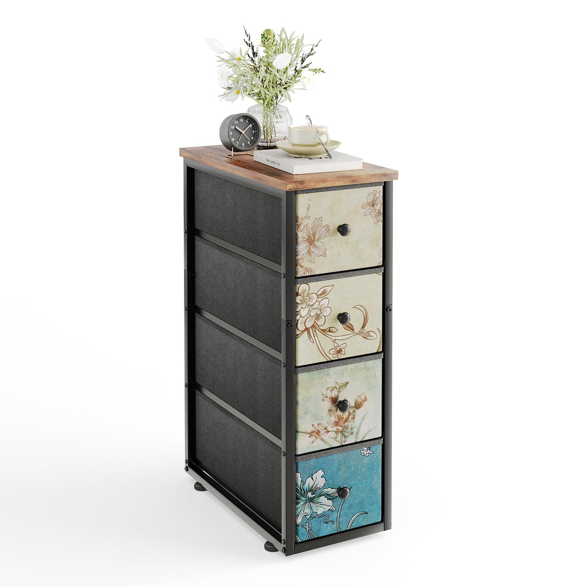 MUTUN Narrow 4 Drawers Chest Dresser, Bedroom Fabric Storage Drawer with Wood Top, Slim Cupboard Nightstand End Table Organizer Unit for Bathroom