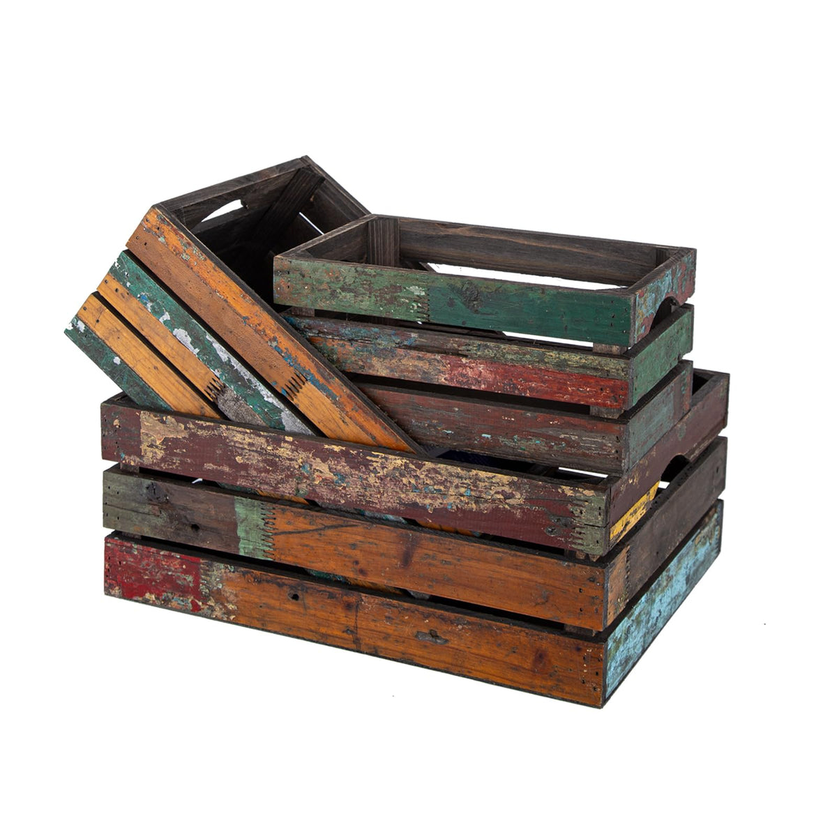 Venalys Set of 3 Distressed Wood Nesting Crates, Rustic Storage Wooden Crate Boxes, Farmhouse Stackable Wooden Basket Containers for Display (Random)