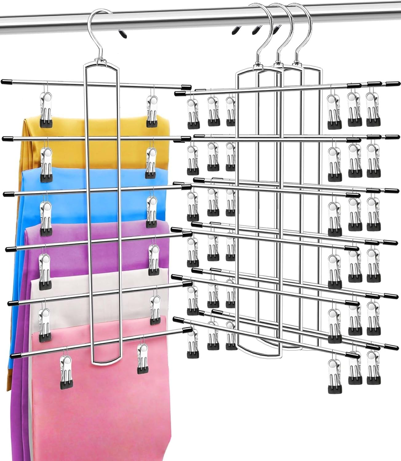 ABCHCHS Pants Hangers with Clips - Space Saving Hanging Closet Organizer and Storage - 6 Tiers Skirt Hangers with 360° Swivel Hook