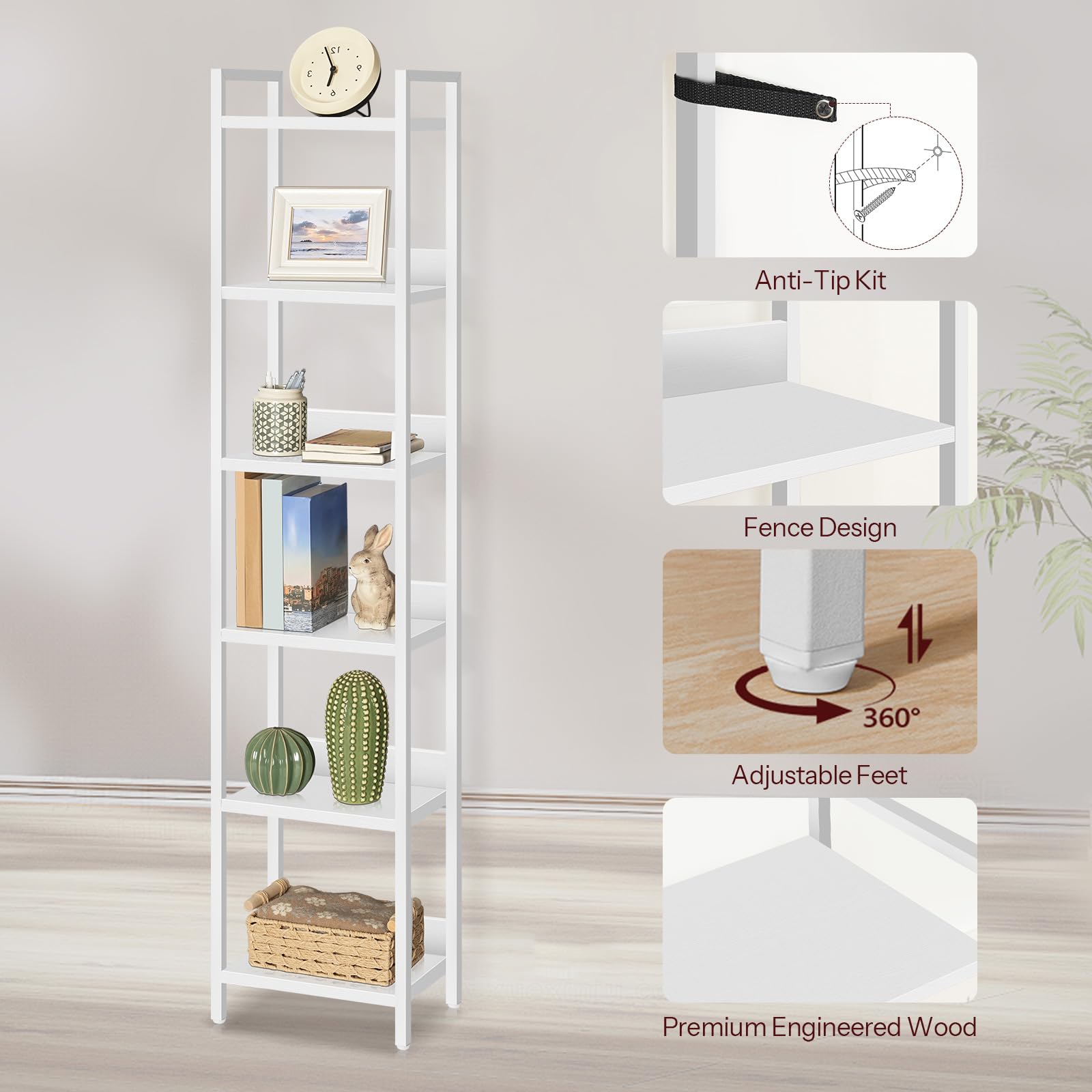 MAHANCRIS Bookshelf, 6-Tier Bookcase, Standing Book Shelf for Small Space, Storage Shelf Organizer, for Living Room, Bedroom, Study, Balcony