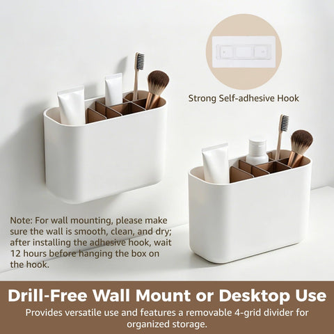 Wall Mounted Toothbrush Holder, Multifunctional Bathroom Storage Organizer Box with Removable Divider, No Drill Installation for Cosmetics
