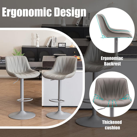 YOUNIKE Bar Stools Set of 2, Modern Upholstered Faux Leather Barstools with Back, Swivel Tall Adjustable Counter Height Bar Chairs, Entirely Gray