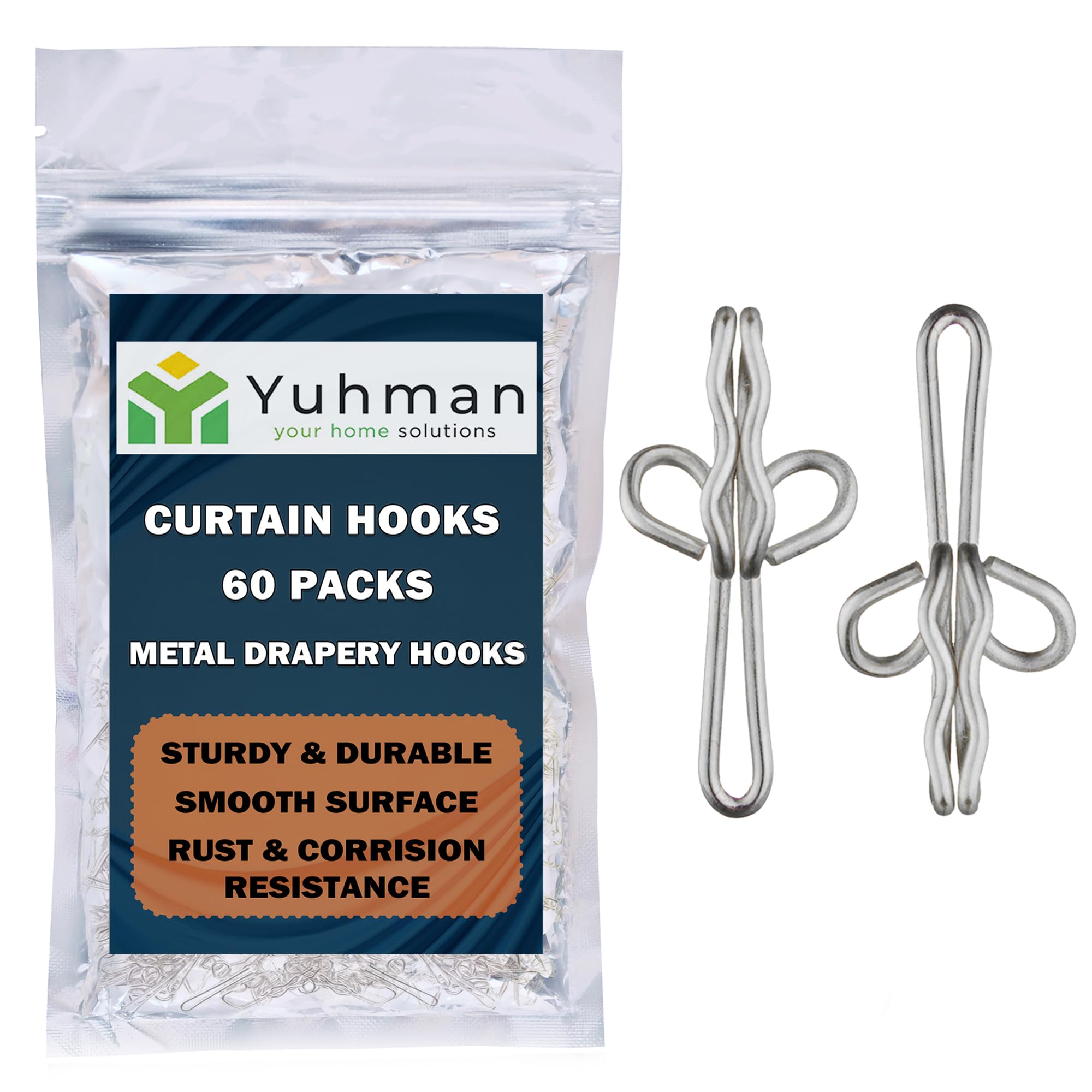 Yuhman 60 Pack Metal Curtain Hooks – 2.9cm x 1.3cm Premium & Heavy-Duty Curtain Hooks Metal – Ideal for Windows, Doors & Shower Curtains.