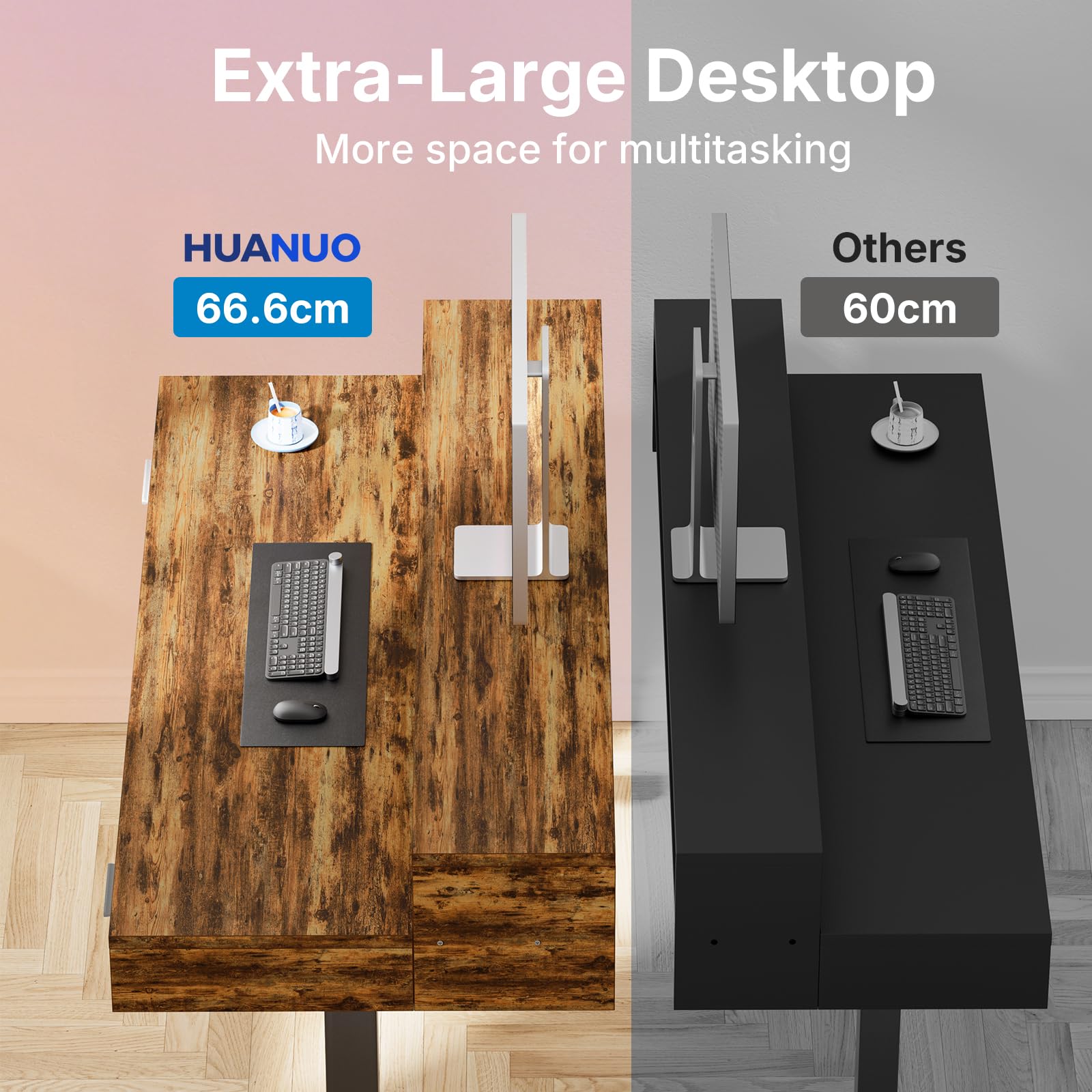 HUANUO 140 x 66cm Standing Desk with Drawers & 64cm Large Keyboard Tray, Electric Standing Desk with 4 Memory Height Settings for Home Office