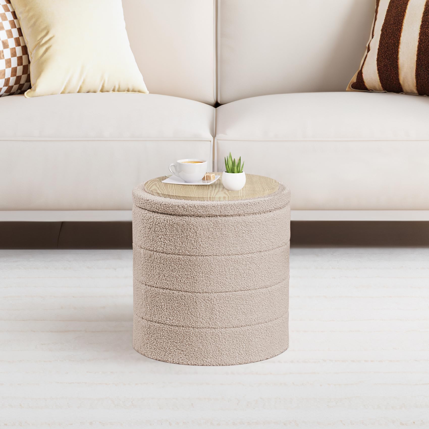 PINPLUS Round Ottoman Storage, Convertible Table, Beige, 43x43x45 cm