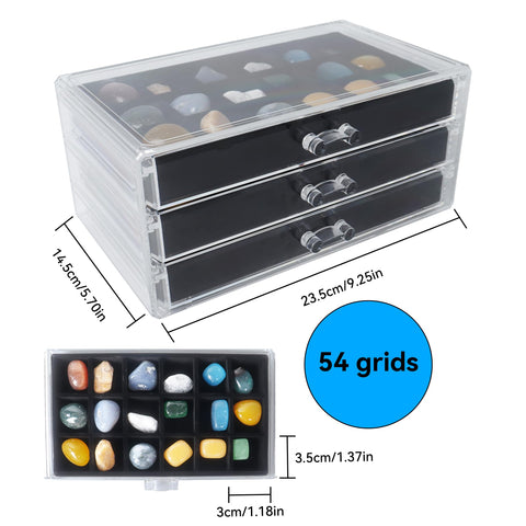 Dmnnlp Rock Display Case, 3 Drawers 54 Grids Rock Collection Box, Storage Cases for Gemstone Fossil Crystal Stone Jewellery (Black)
