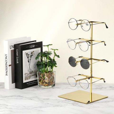 sourcing map Sunglasses Display Stand, 1Pcs - Stainless Steel Sunglass Rack, 4-tier Glasses Stand with Jewelry Holder Base