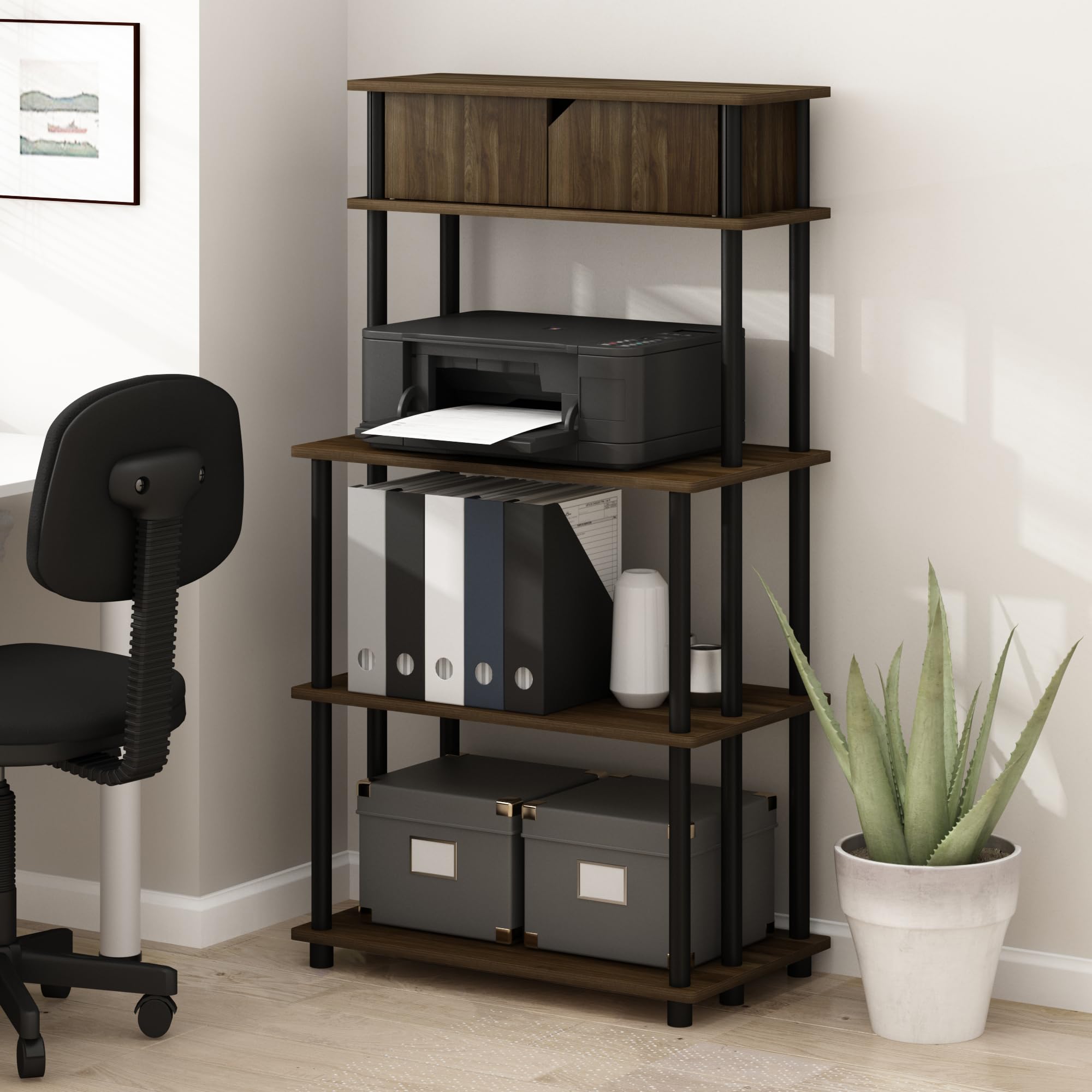 Furinno TURN-N-TUBE Printer Stand with Storage, 5-Tier Large Printer Stand, Printer Table with Top Cabinet, for CPU, Office Supplies, Brown Walnut