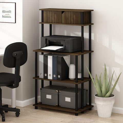 Furinno TURN-N-TUBE Printer Stand with Storage, 5-Tier Large Printer Stand, Printer Table with Top Cabinet, for CPU, Office Supplies, Brown Walnut
