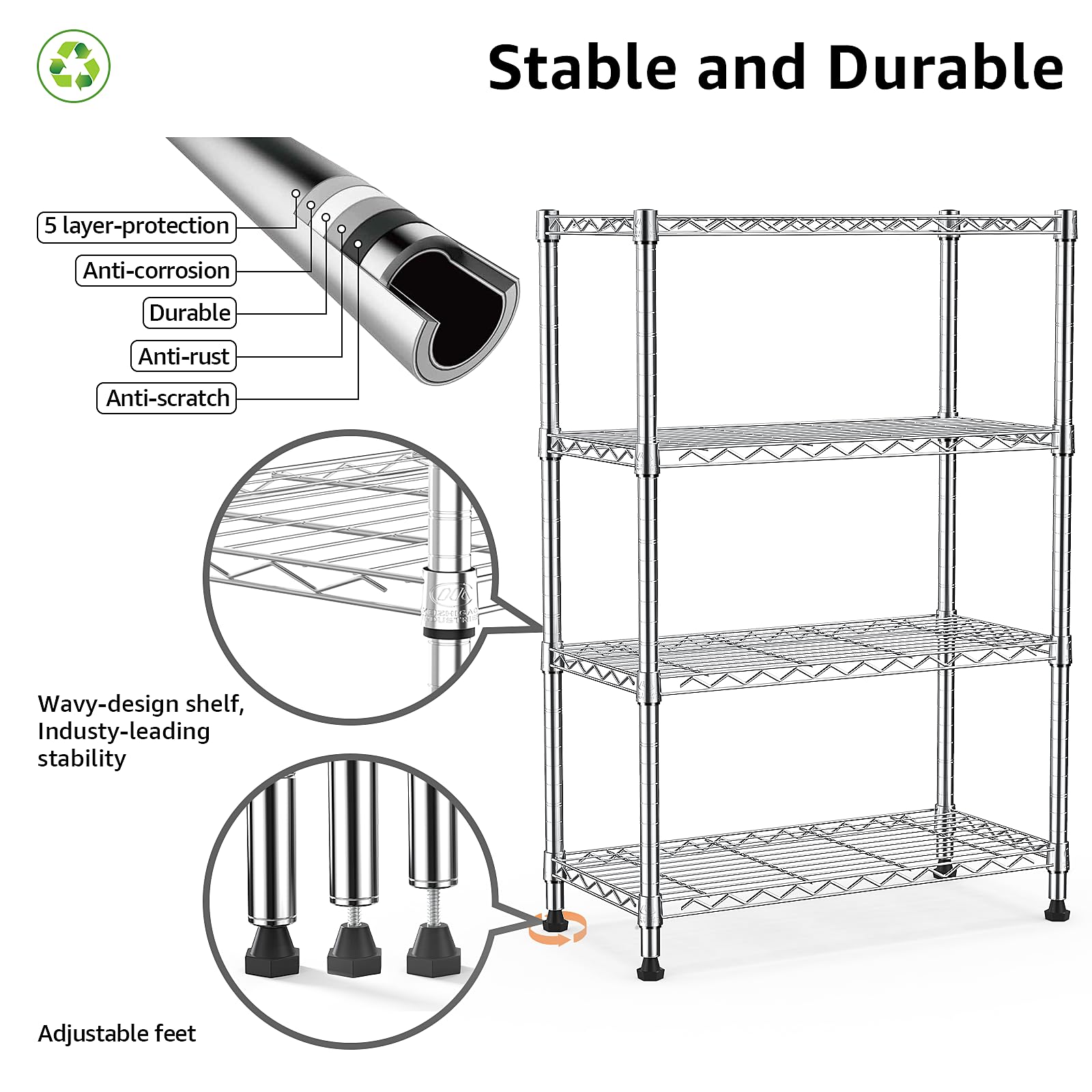 M MZG Height Adjustable Shelves,Heavy Duty Wire Pantry Shelving for Tool Sheds, Garage, and Storehouse,Metal,Chrome,4 tier,35 x 75 x 120 cm