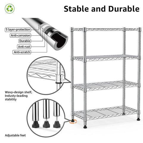 M MZG Height Adjustable Shelves,Heavy Duty Wire Pantry Shelving for Tool Sheds, Garage, and Storehouse,Metal,Chrome,4 tier,35 x 75 x 120 cm