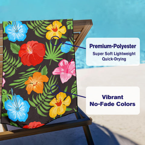 Violetpos Multi-Colour Hibiscus & Palm Leaf Beach Towel, Extra Large 180x90 cm 250GSM Microfibre, Sand Free Quick Dry