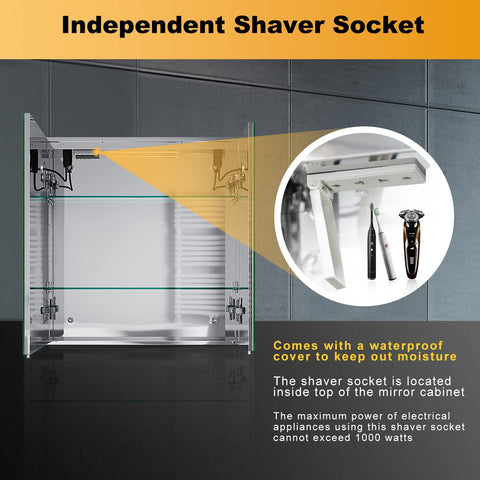 ELEGANT 650 x 600mm LED Illuminated Bathroom Mirror Cabinet with Shaver Socket, Stainless Steel Bathroom Wall Storage Mirror Cabinet with Dot Lights