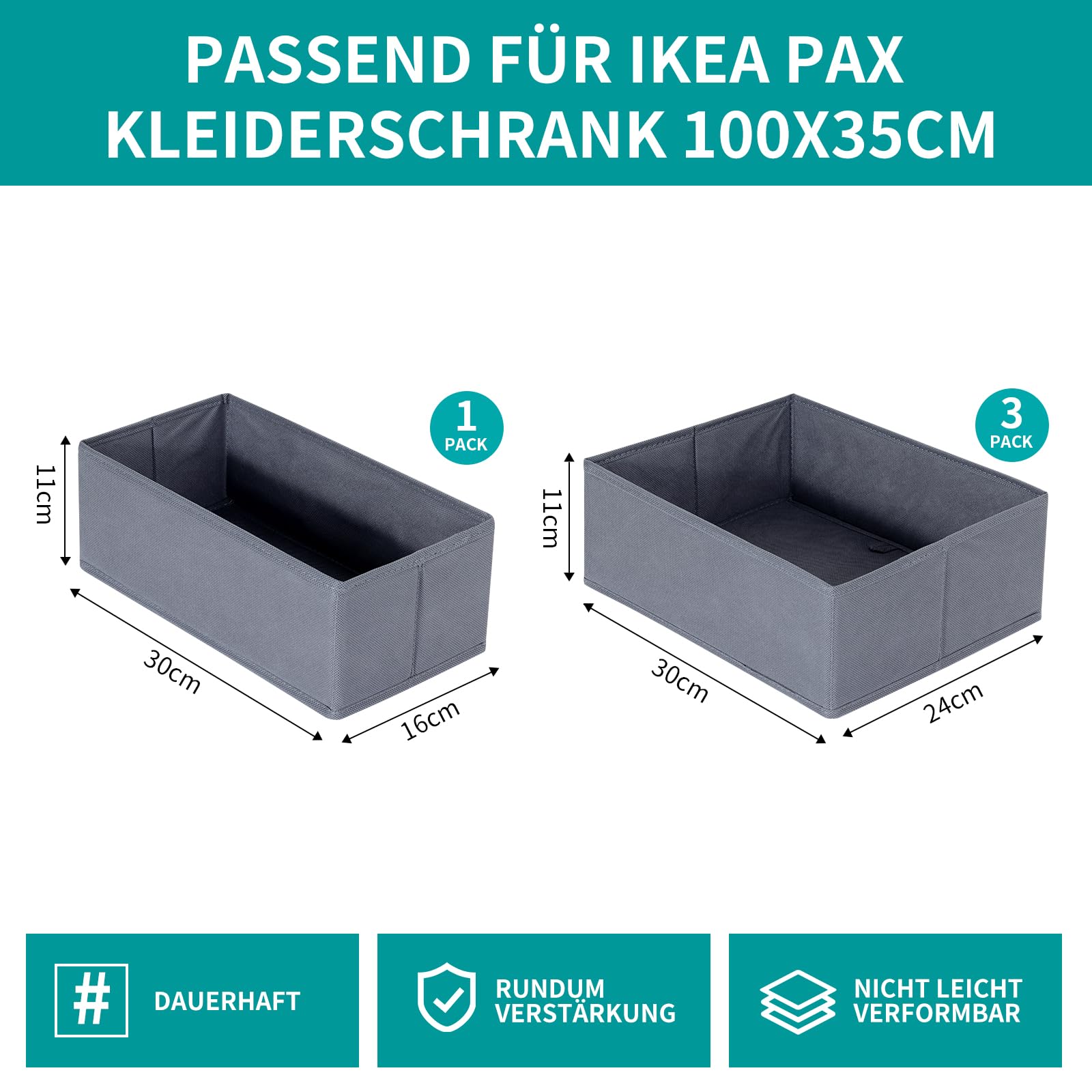 ORLISA Drawer Organiser Clothes Compatible with PAX Wardrobe 100 x 35 cm Sturdy Base, Foldable, & Robust, Set of 4, Grey
