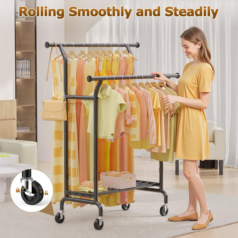 EAGMAK Double Clothes Rail on Wheels Load 120 KG, with Storage Shelf, Black