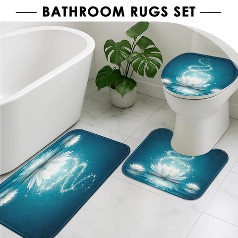 4 Piece Shower Curtain Sets, with 12 Hooks, Magic Lotus Flower Turquoise Zen with Non-Slip Rugs, Toilet Lid Cover and Bath Mat