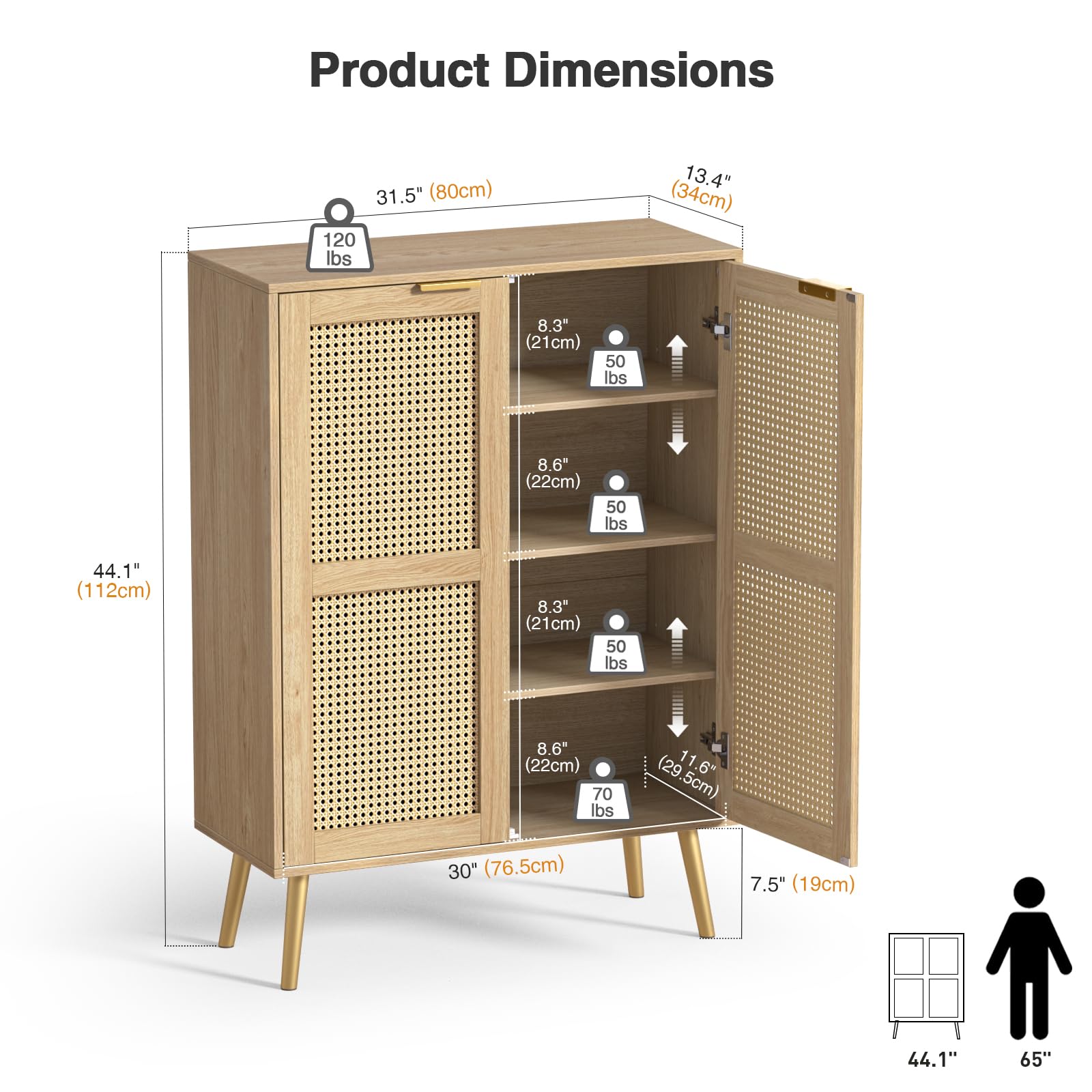 Yvsevnr Rattan Tall Sideboard for Living Room, Hallway Storage Cabinet with 3 Adjustable Shelf