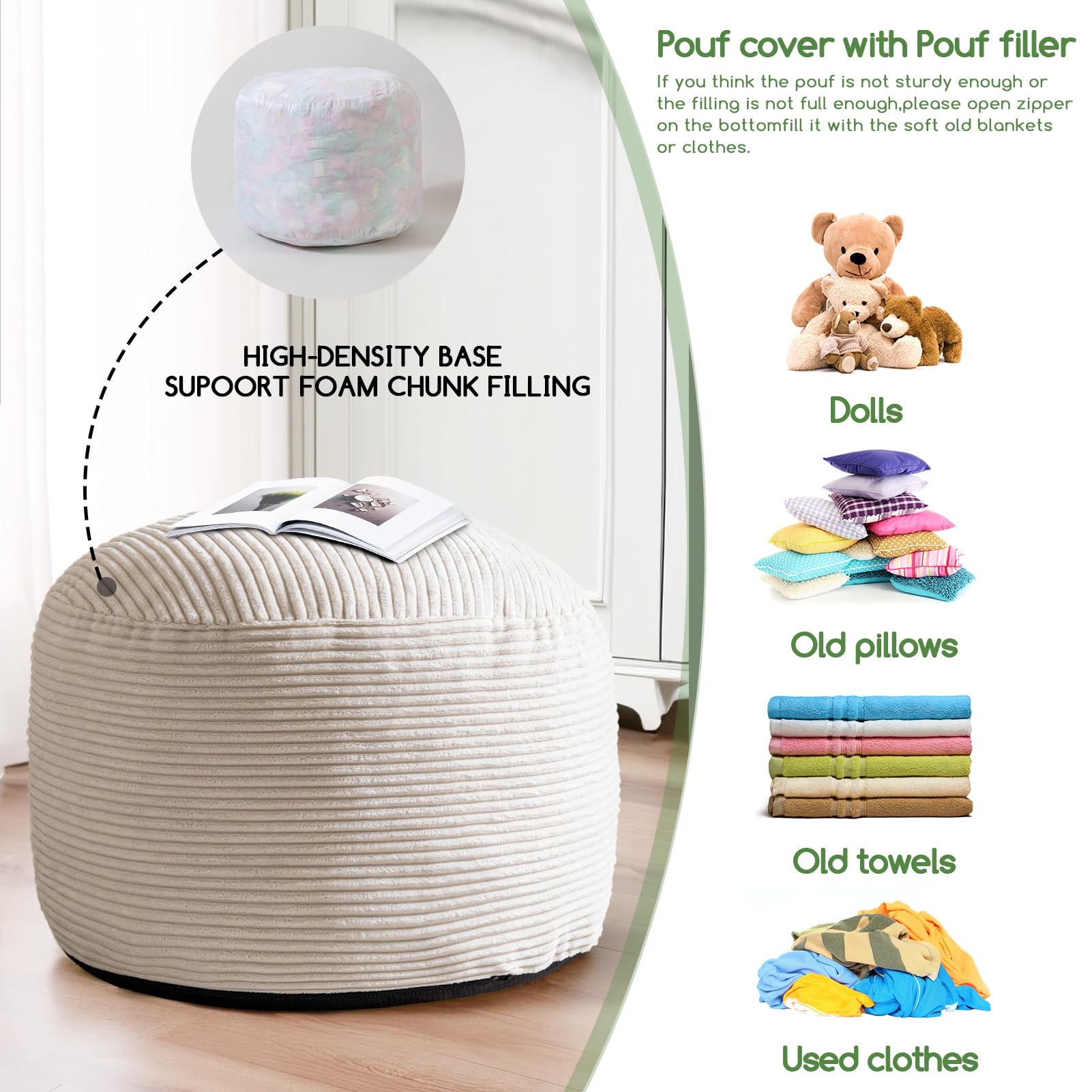 HIGOGOGO Corduroy Round Beanbags Footstool Bean Bag Pouf with Foam Chunk Filling, 65 x 45 cm Poufs Foot Rest for Living Room, Beige