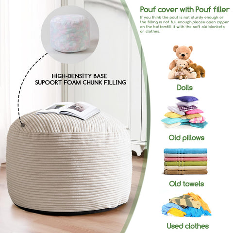 HIGOGOGO Corduroy Round Beanbags Footstool Bean Bag Pouf with Foam Chunk Filling, 65 x 45 cm Poufs Foot Rest for Living Room, Beige