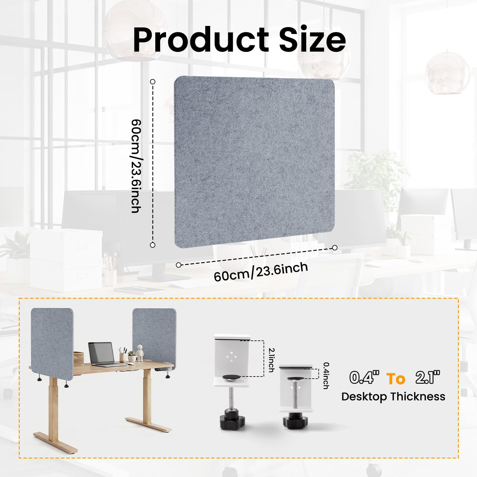 Felt Desk Divider, Clamp-On Privacy Panel, 60 x 60 cm, Light Grey