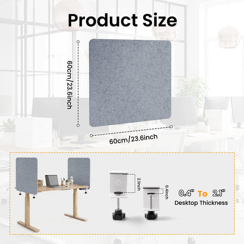 Felt Desk Divider, Clamp-On Privacy Panel, 60 x 60 cm, Light Grey
