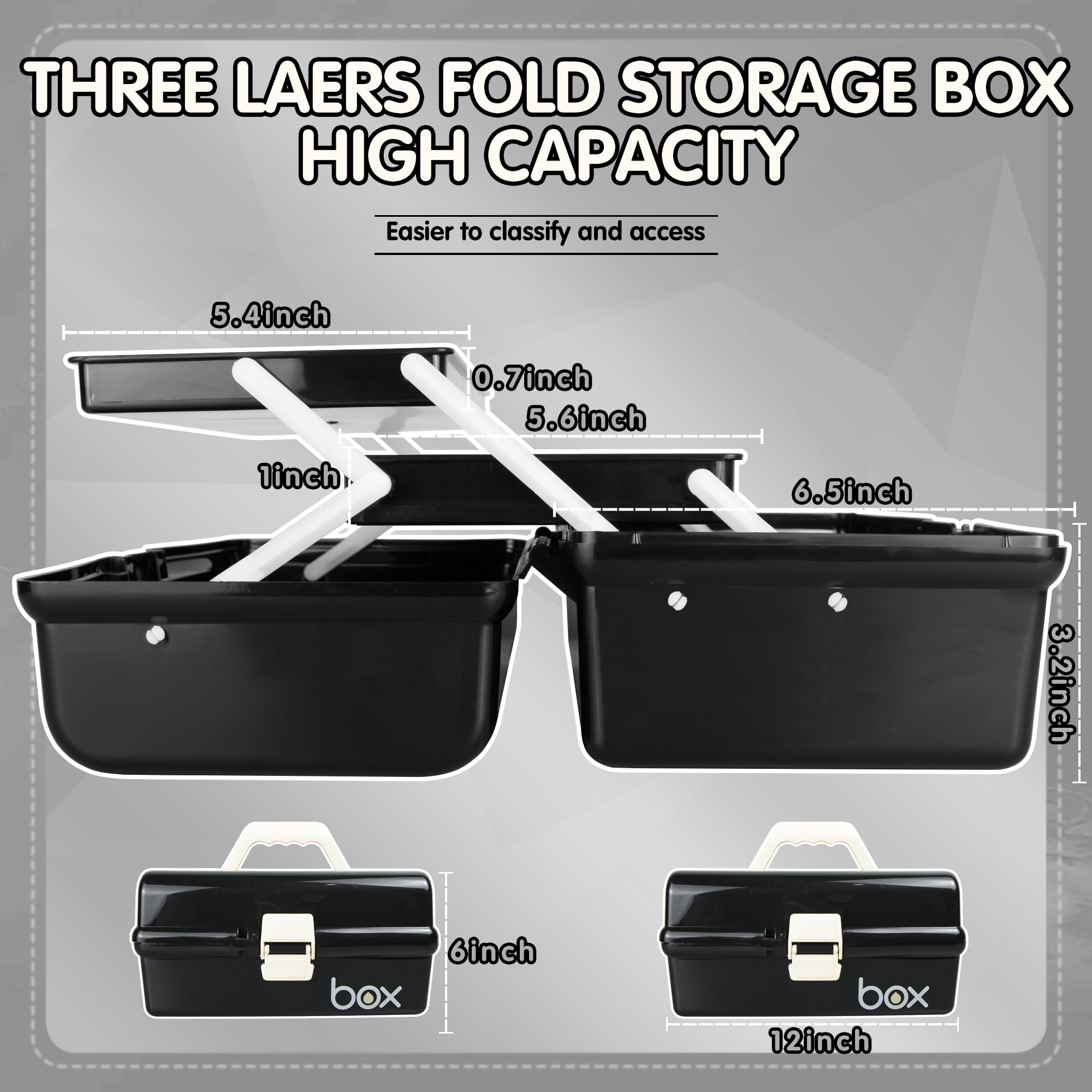 Creahaus 12in 3 Layer Multipurpose Storage Box/Craft Storage Boxes With Compartments/Plastic Black Tool Box/Medicine Storage Box/Hair Accessories