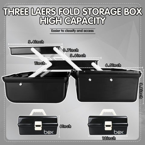 Creahaus 12in 3 Layer Multipurpose Storage Box/Craft Storage Boxes With Compartments/Plastic Black Tool Box/Medicine Storage Box/Hair Accessories