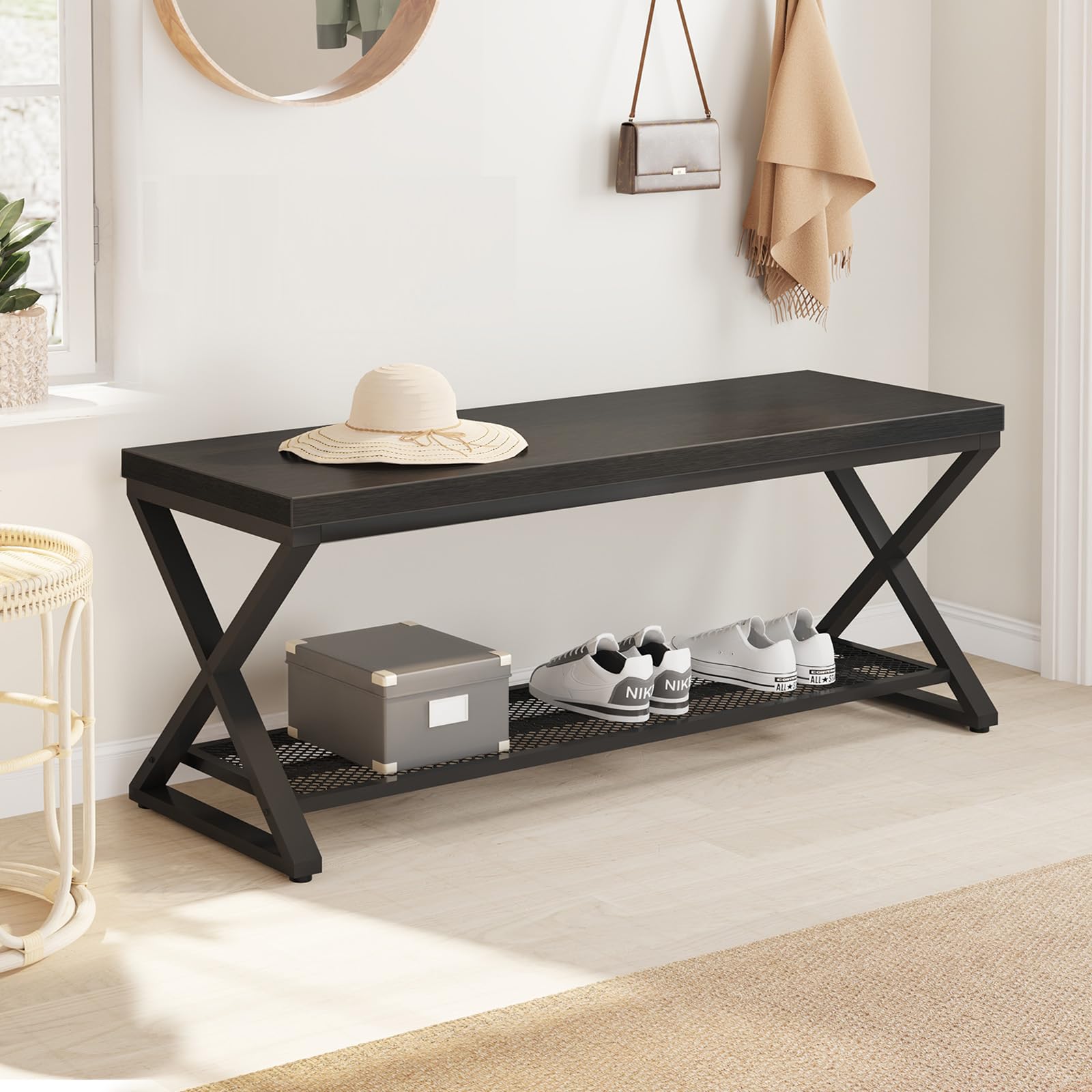 LVB Black Industrial Entryway Bench with Storage, Indoor Wood and Metal Storage Bench for Living Room Bedroom