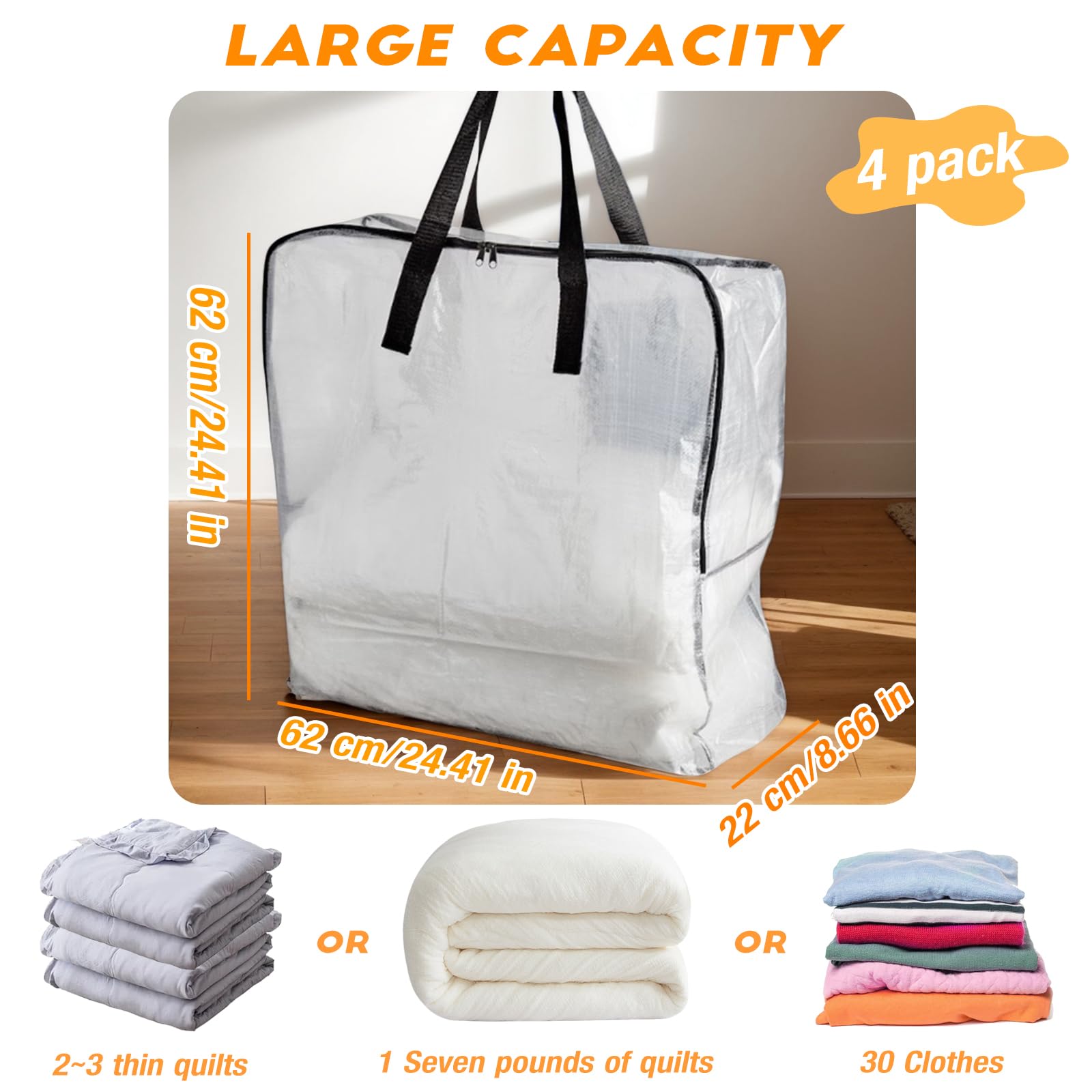 80L Clothes Storage Bags, 4 Pack Large Clear Capacity Clothes Organizer with Zips, Moisture proof