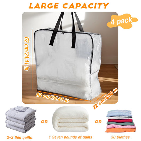 80L Clothes Storage Bags, 4 Pack Large Clear Capacity Clothes Organizer with Zips, Moisture proof