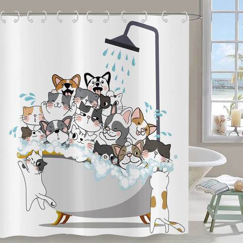 Hnmdmyi Funny Shower Curtain 180x180, Cartoon Animal Cat and Dog Kids Shower Curtains Colorful Lovely Hilarious Pets Bathroom Curtains Waterproof