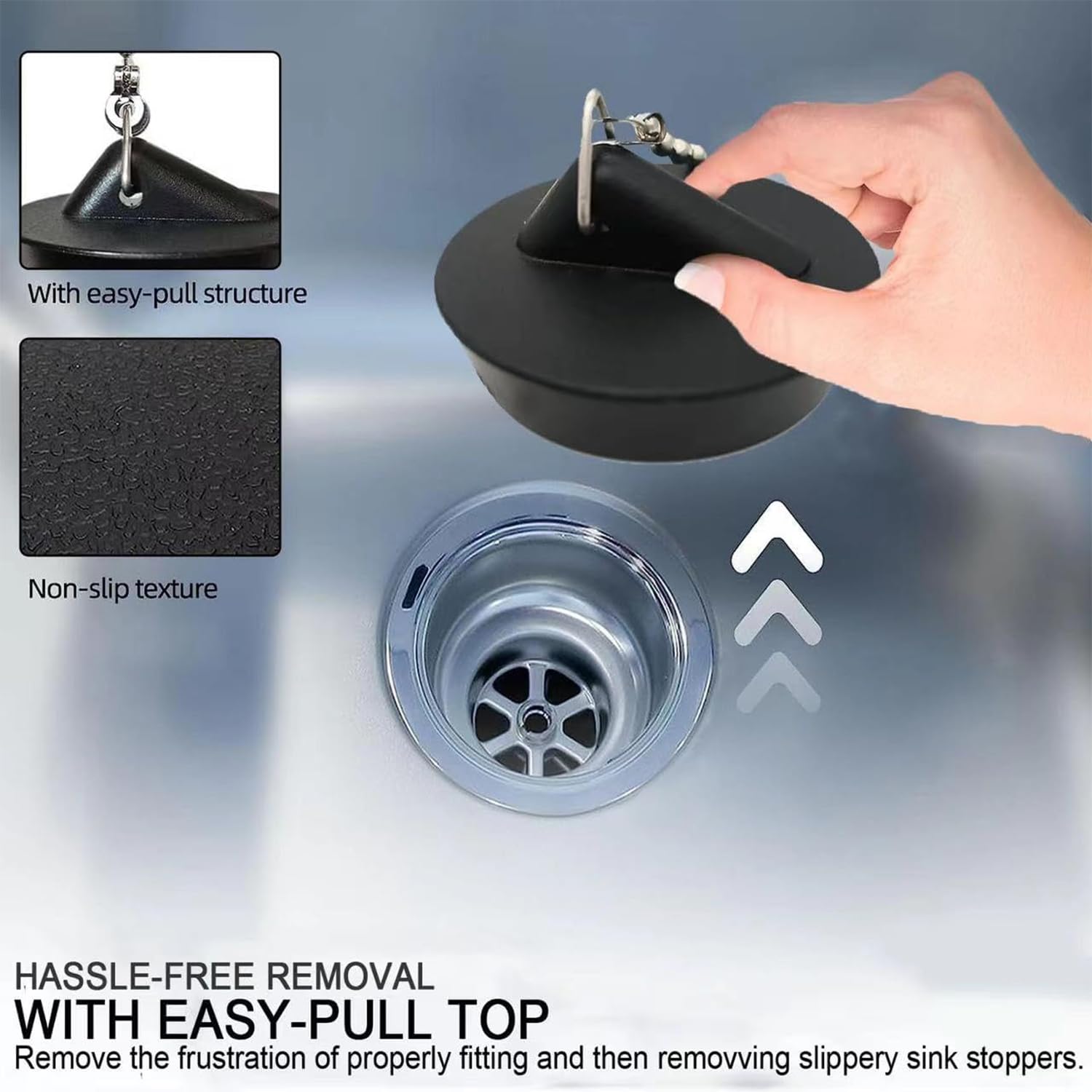 ZIOYANE 2Pcs Drain Plugs, Black Siliconewith Triangle Hook & Bead Chain Sink and Bath Plug for Washbasin Bathtub Bathroom Floor Drain