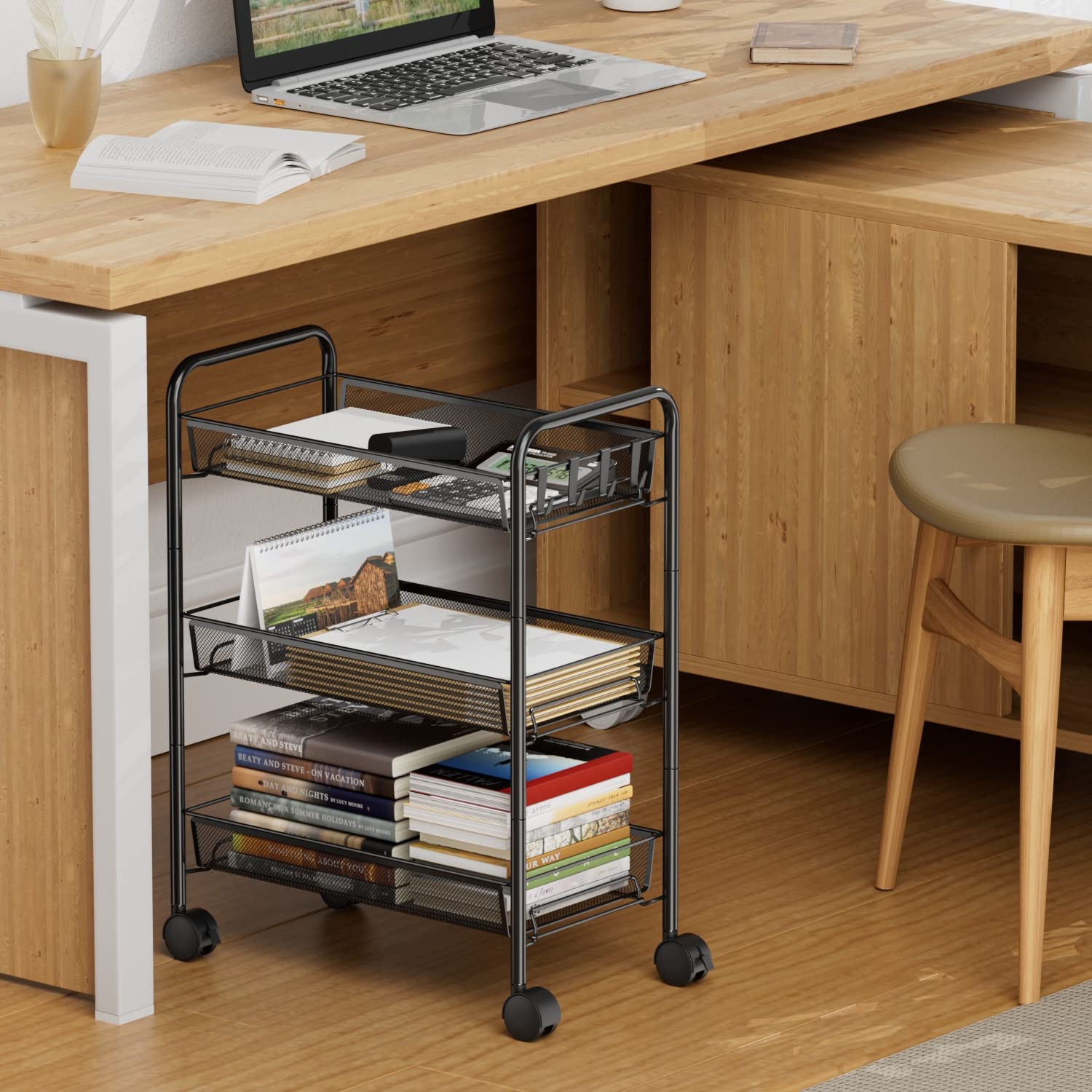 OVICAR Kitchen Trolley:Rolling Utility Cart Basket Stand for Kitchen & Bathroom, Full Metal Storage Art Trolley Carts with Wheels & 4 Side Hooks
