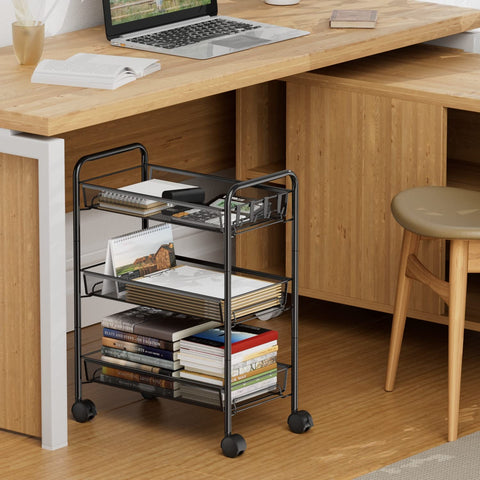 OVICAR Kitchen Trolley:Rolling Utility Cart Basket Stand for Kitchen & Bathroom, Full Metal Storage Art Trolley Carts with Wheels & 4 Side Hooks