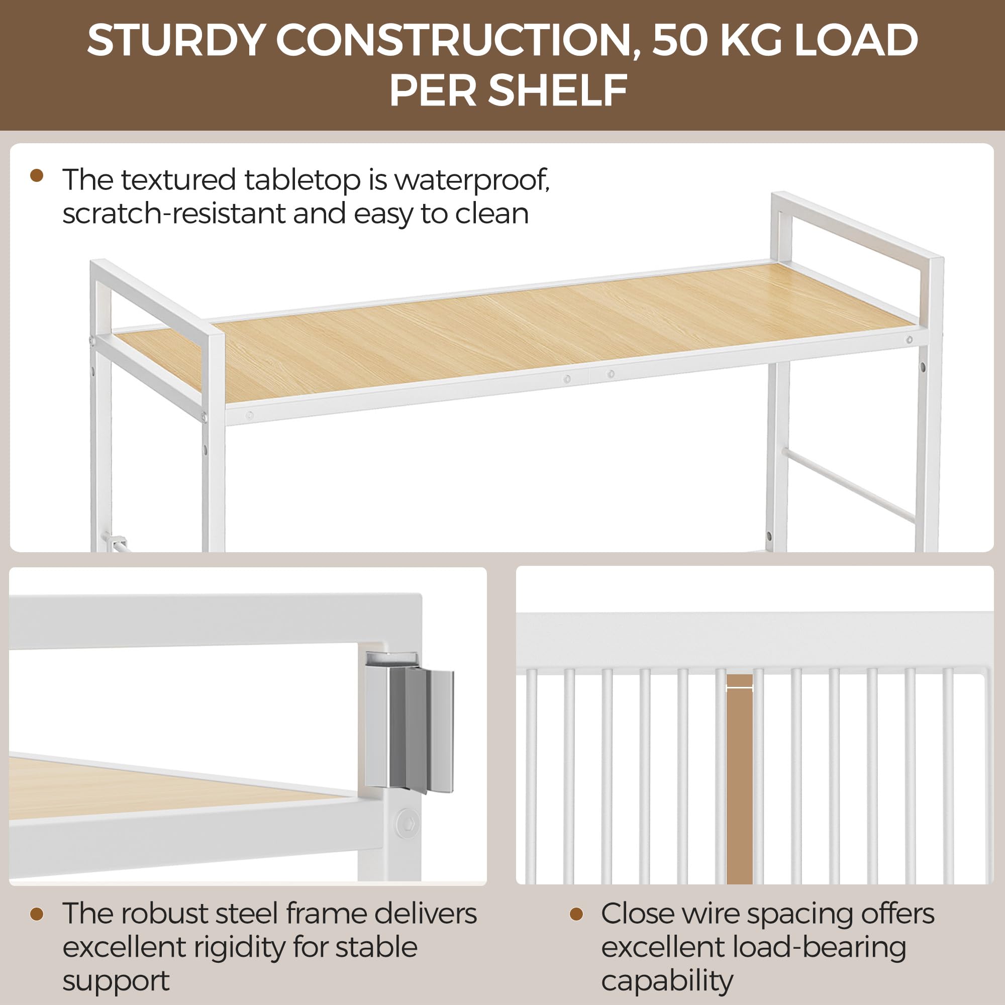 3-Tier kitchen trolley,Oak Wood Top,80W×30Dcm,4 Hooks, Adjustable Shelves