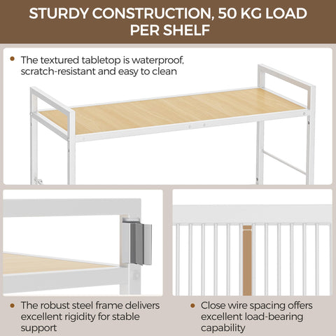 3-Tier kitchen trolley,Oak Wood Top,80W×30Dcm,4 Hooks, Adjustable Shelves