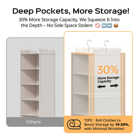 Extra Deep Hanging Storage with 6 Shelves and Large Mesh Pockets, Durable, Heavy-Duty Wardrobe Storage Organiser