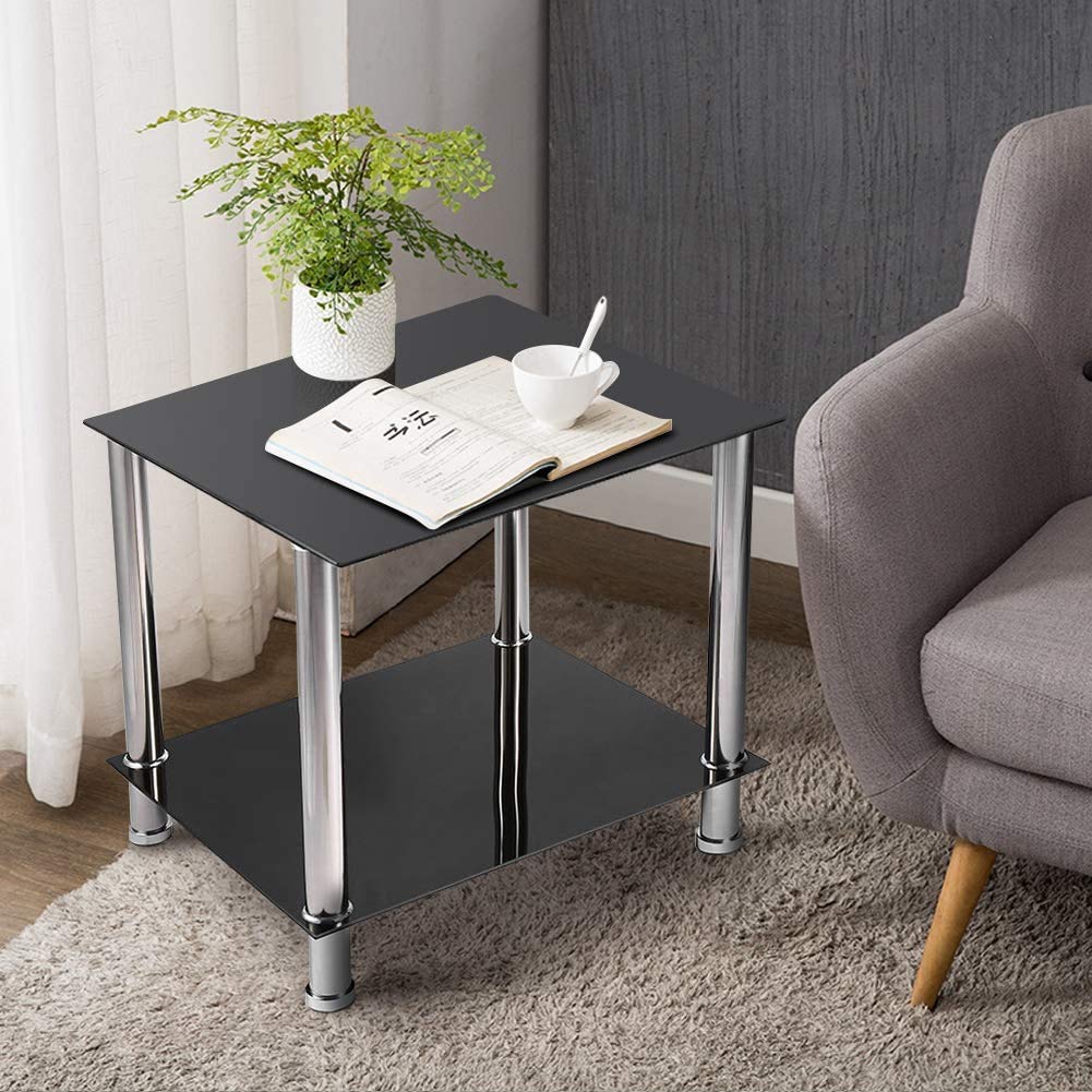 Greensen Coffee Table Tempered Glass Living Room Side Table Black Glass Coffee Tables 2 Levels Glass Table with Chrome Legs Coffee Table Metal