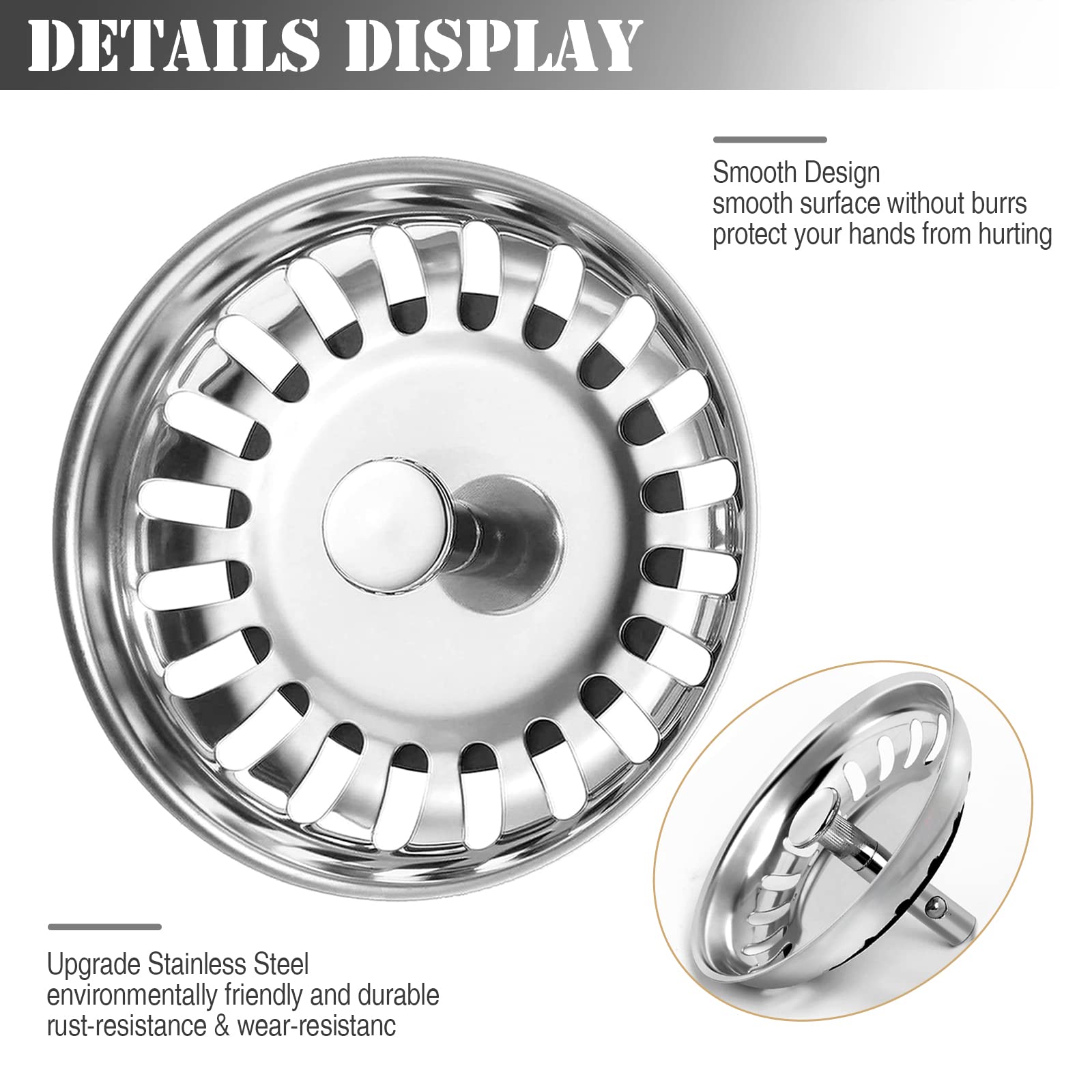 2 Pack Kitchen Sink Strainer Plug, Stainless Steel Push Style Plug for Sink Drainer Waste Plug Basket Strainer and Plug Replacement for Kitchen Sink