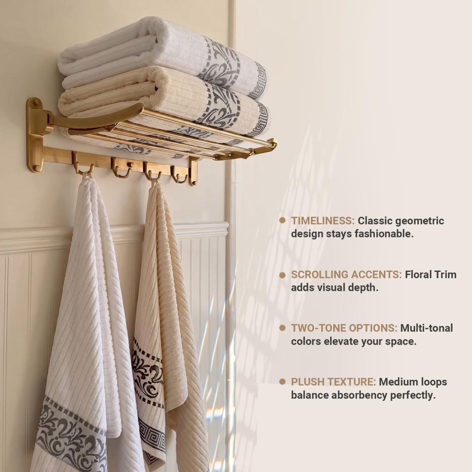 Superior 8-Piece Cotton Towel Set, Decorative Greek Pattern, Home Essentials, Absorbent Towels, Decor for Bathroom, Spa, Includes 2 Hand