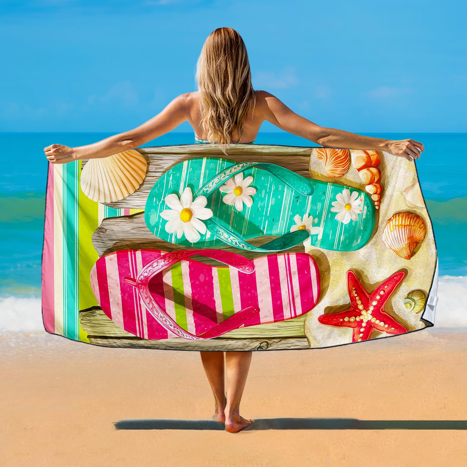 Violetpos Flip Flop & Starfish Beach Towel, Extra Large 180x90 cm 250GSM Microfibre, Sand Free Quick Dry
