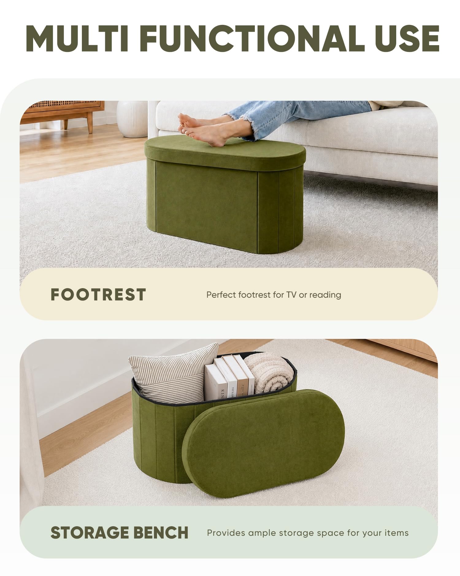 Bonlife Velvet Ottoman Storage Bench, Foldable Storage Chest with Lid,Oval Footstool for Living Room Bedroom Hallway, 76x38x38cm,Olive
