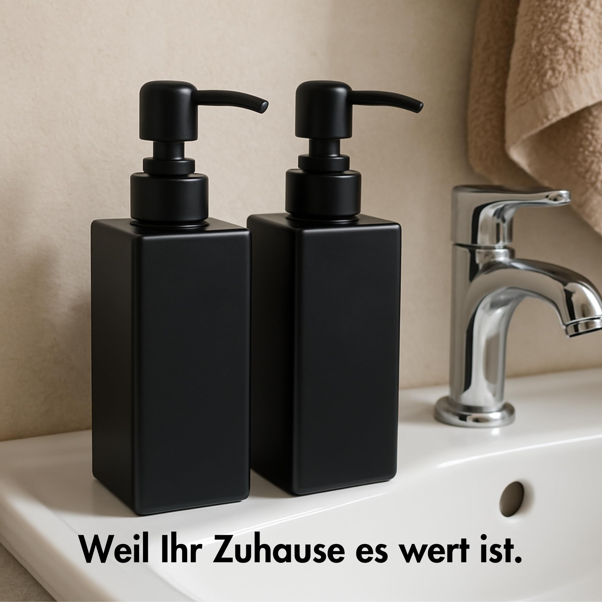 Soap Dispenser Glass Black Matt Pack of 2, 350 ml with Stainless Steel Pump - Detergent Dispenser for Kitchen