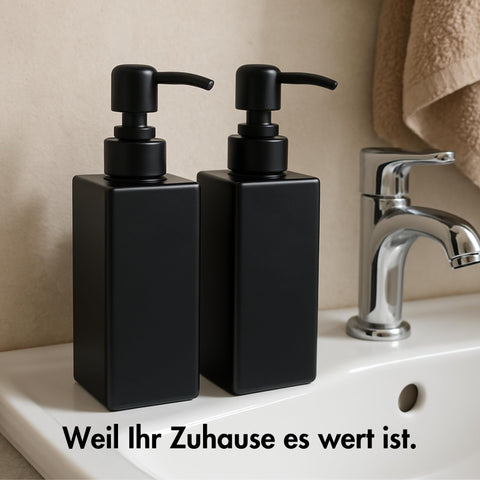 Soap Dispenser Glass Black Matt Pack of 2, 350 ml with Stainless Steel Pump - Detergent Dispenser for Kitchen