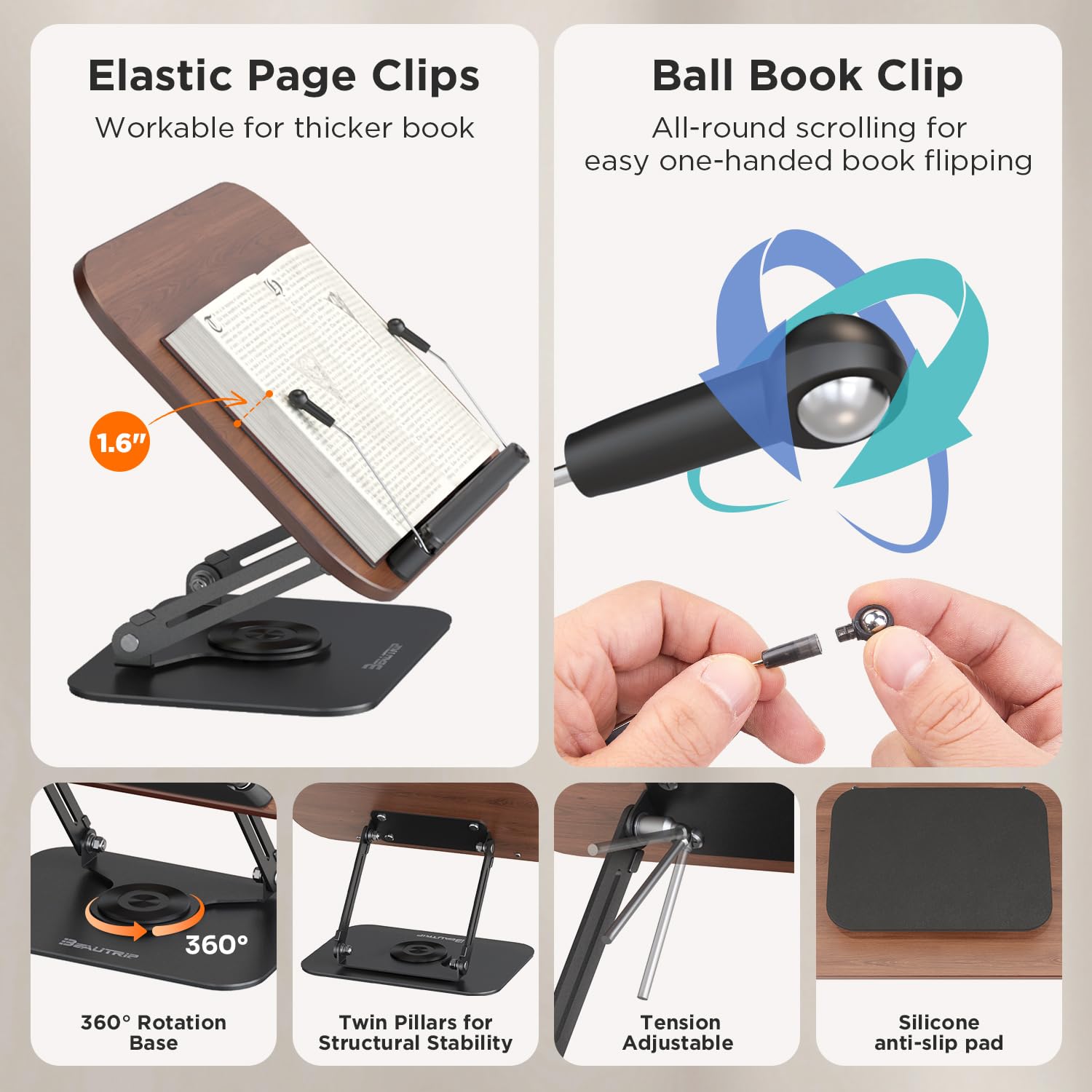 BEAUTRIP Book Stand for Reading, Foldable Book Holder for Desk Hands Free, Display Stand for Office, Kitchen, Cookbooks, Textbooks, Recipes