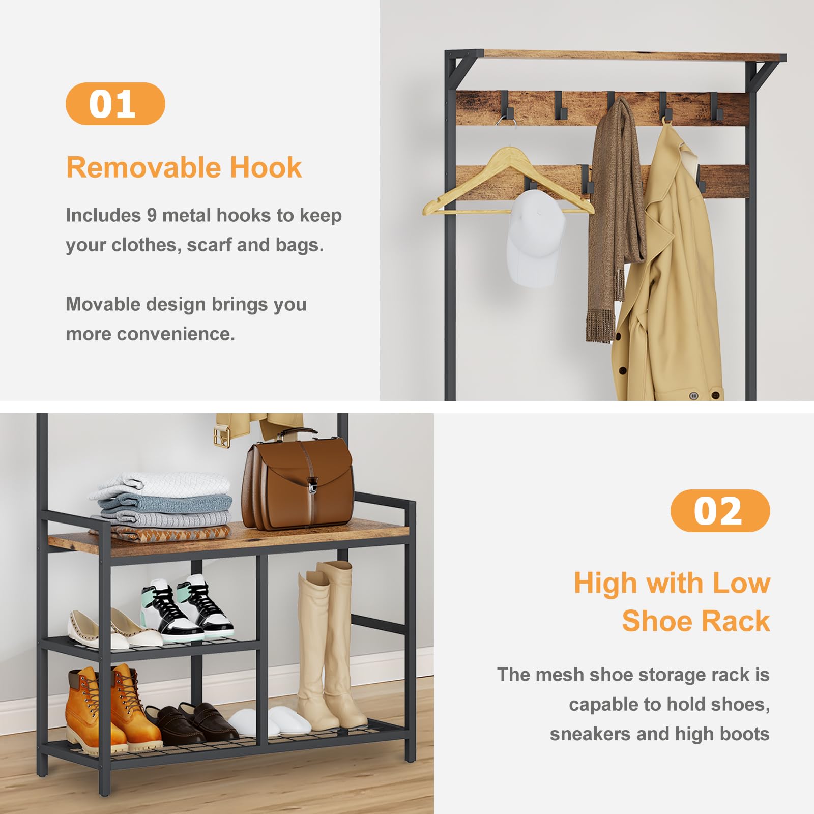 Industrial Coat Rack Freestanding Hall Tree 33"x12"x71.5" Rustic Brown