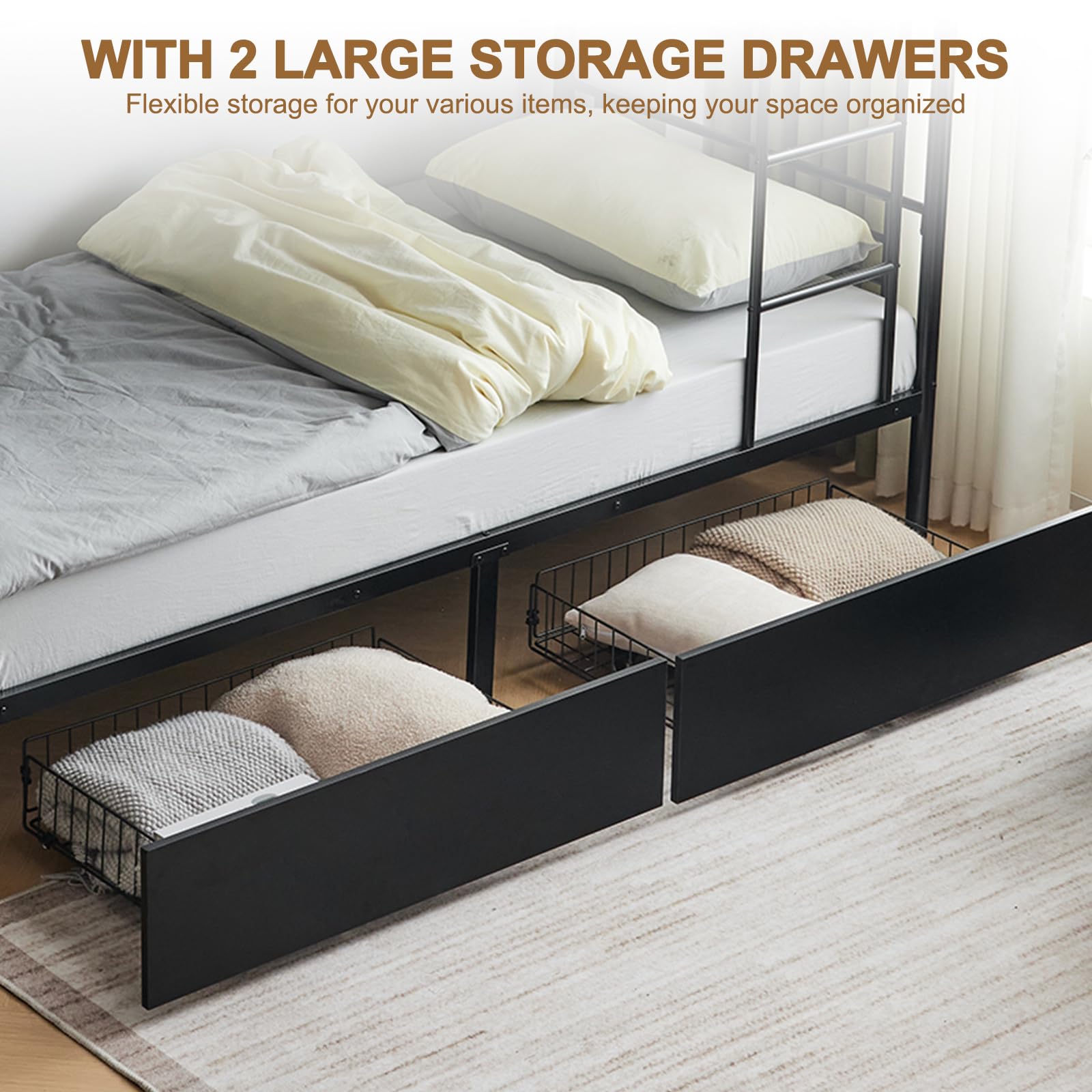 Karl home Heavy Duty Metal Bunk Bed Frame with 2 Large Drawers, Black
